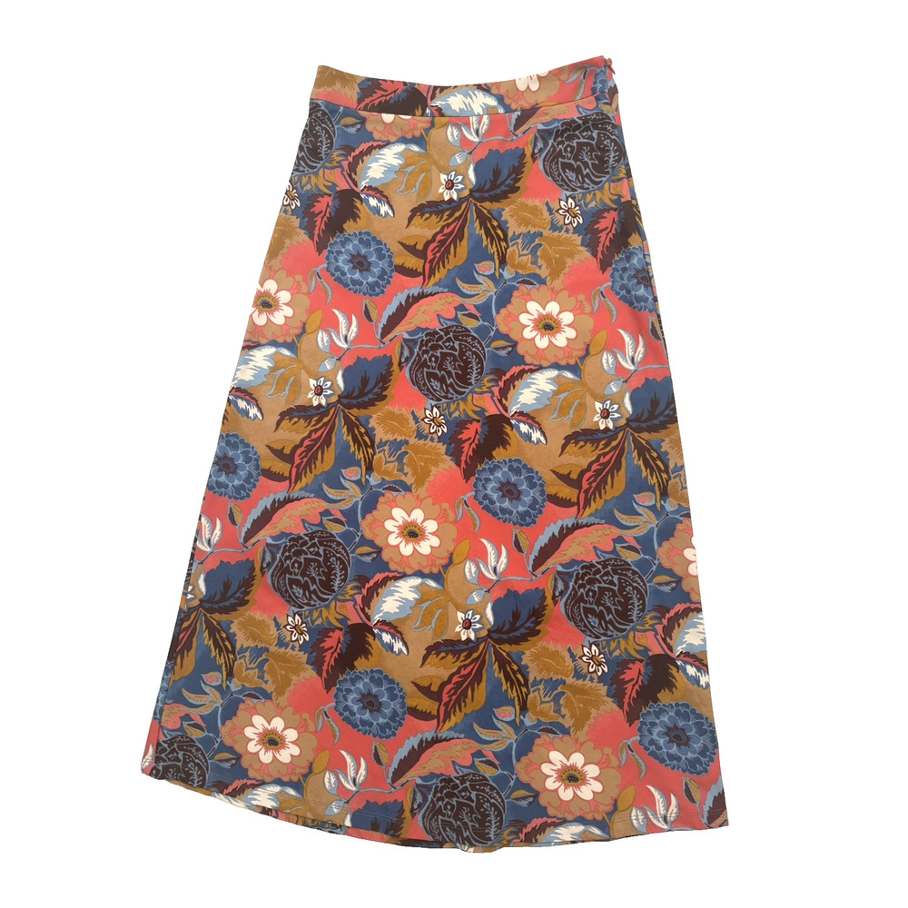 J. McLaughlin A-Line Midi Skirt 6 Blue Orange Floral Stretch Unlined Zip Casual